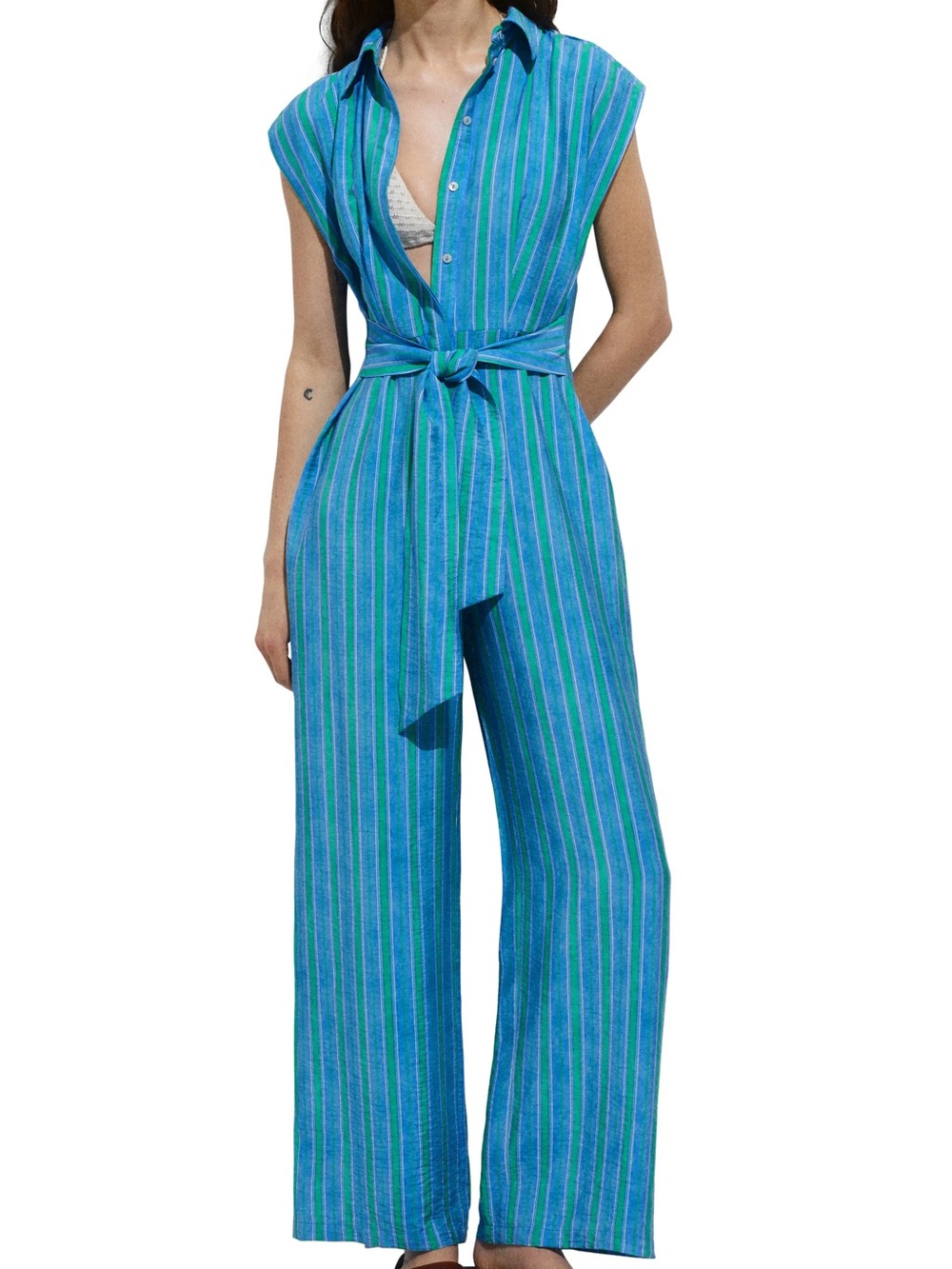Mango Blue & Green Striped Sleeveless Jumpsuit